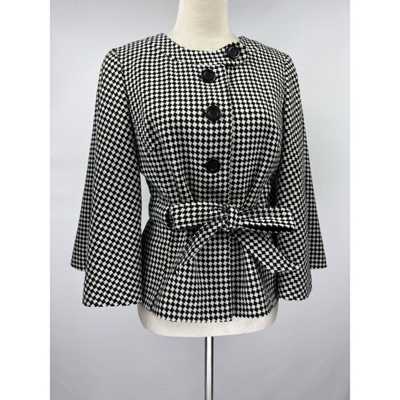 Loft Wool Cape Jacket Black White Checkered Pattern 8 Belted Cropped Wide Sleeve - Picture 1 of 10